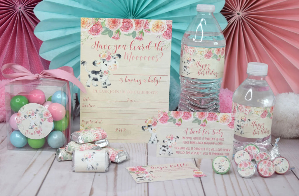 Celebrate with Our Watercolor Pink Floral Cow Baby Shower Bundle!