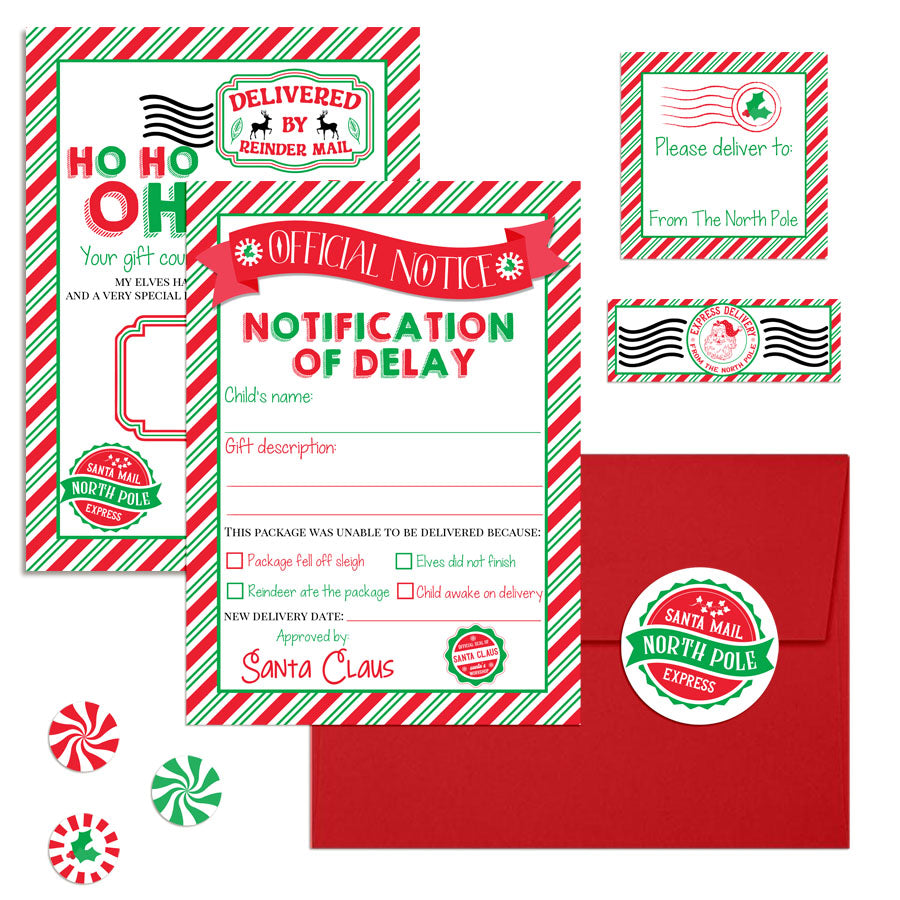 delayed christmas gift letter from santa red and green candy cane stripe