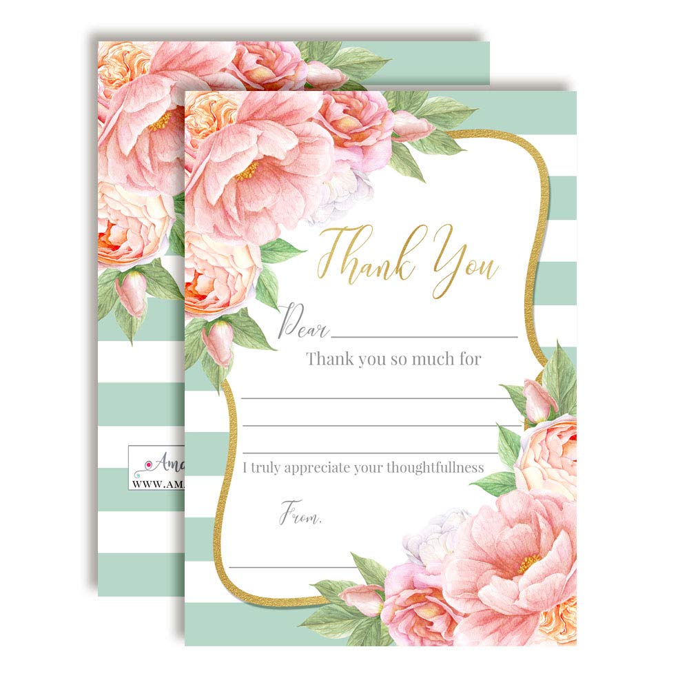 Aqua & Peony Floral Thank You Cards