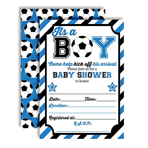 Blue & Black Kick Off His Arrival Soccer Themed Baby Sprinkle Baby Shower Invitations for Boys