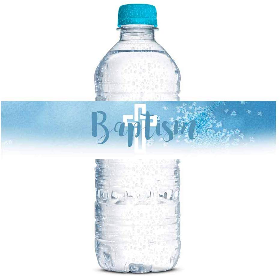 Blue Watercolor Baptism Water Bottle Labels (Boy)