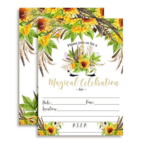 Unicorn Face with Sunflowers & Feathers Birthday Party Invitations