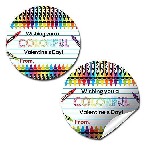 AmandaCreation Colorful Crayon Valentine Stickers - 40 Count, 2 Inch Circle Labels
