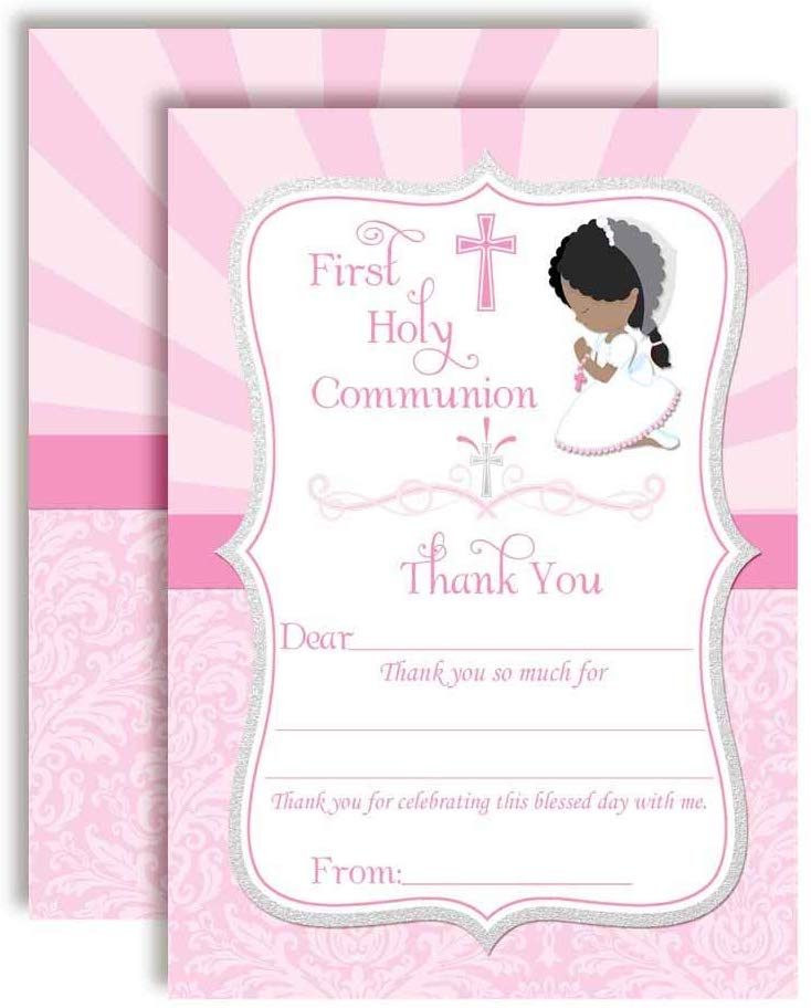 First Holy Communion Thank You Cards For Girls (darker Skin, Black Hai 