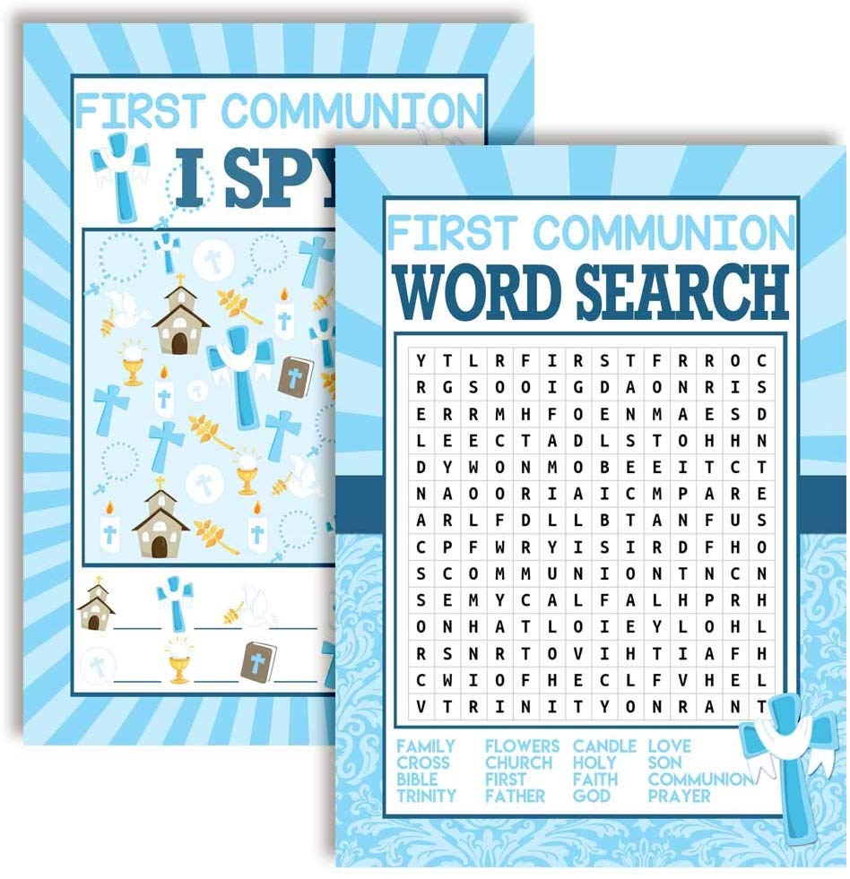 First Holy Communion Religious Word Search I Spy Fill In Game Cards for Boys