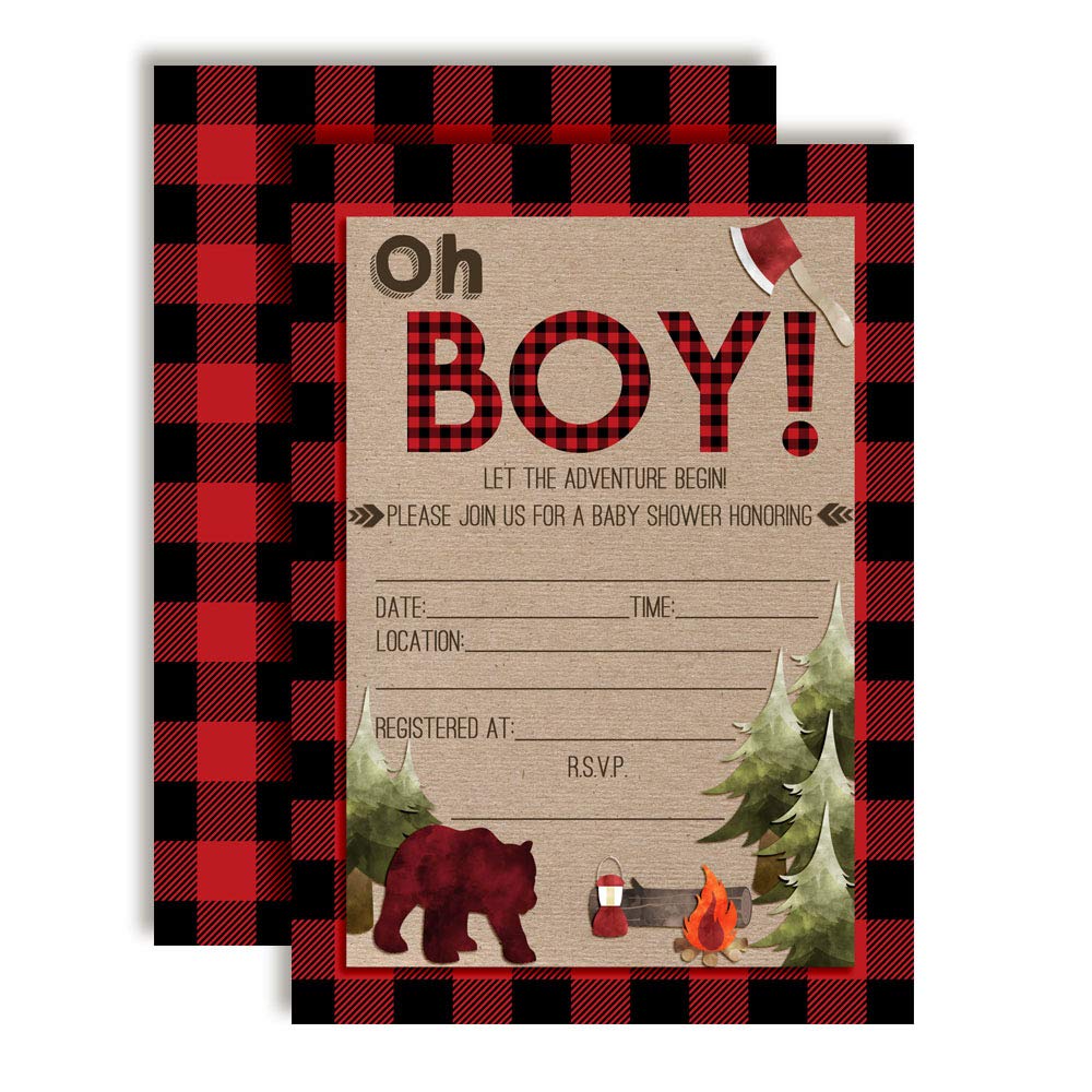 Oh Boy! Red & Black Plaid Lumberjack Baby Shower Invitations