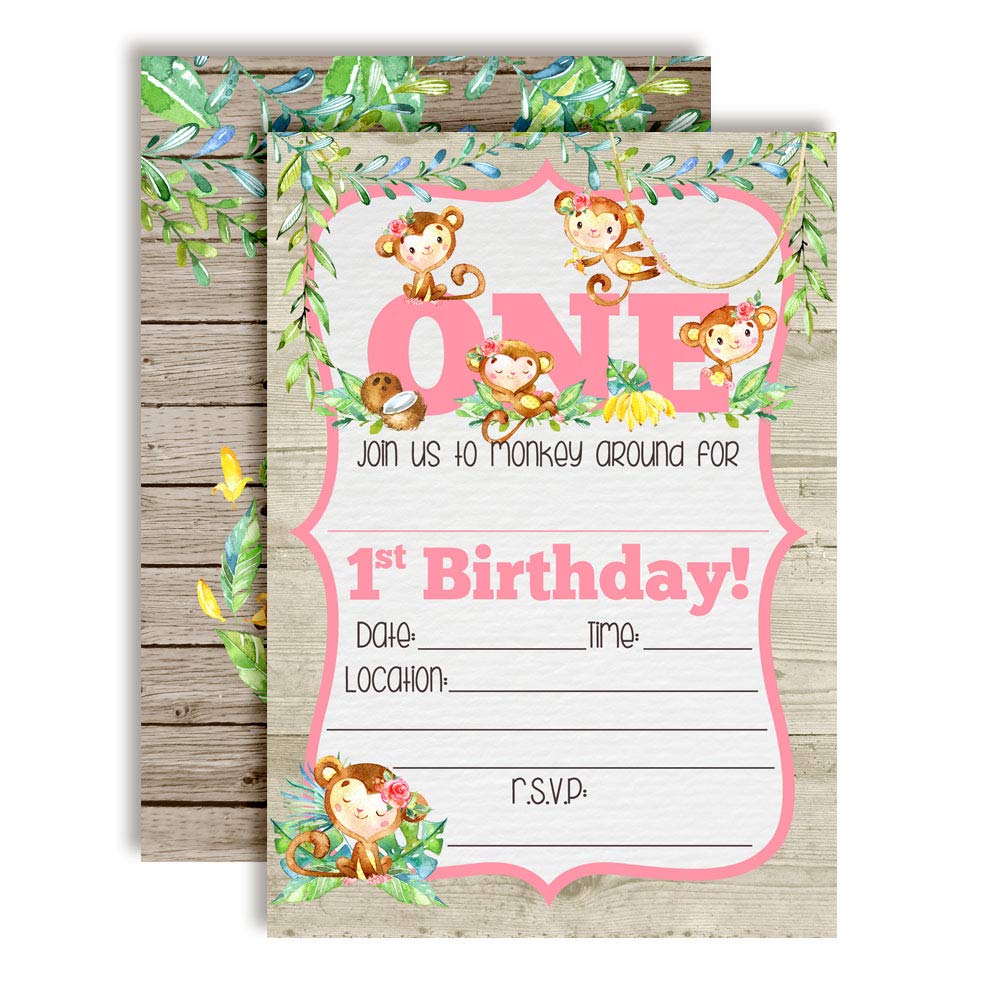 Our Little Monkey Watercolor Jungle 1st Birthday Party Invitations (Girl)