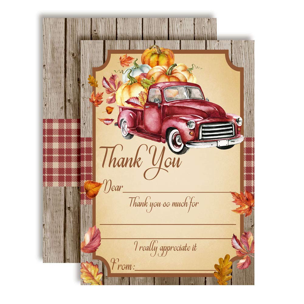 Red Truck With Pumpkins Birthday Thank You Cards