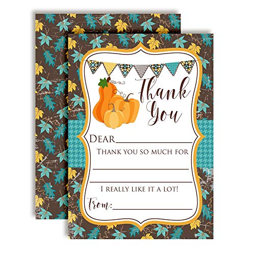 Teal Leaves & Pumpkins Thank You Cards