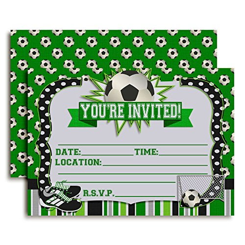 Soccer Birthday party invitations with green background with soccer balls net and cleats
