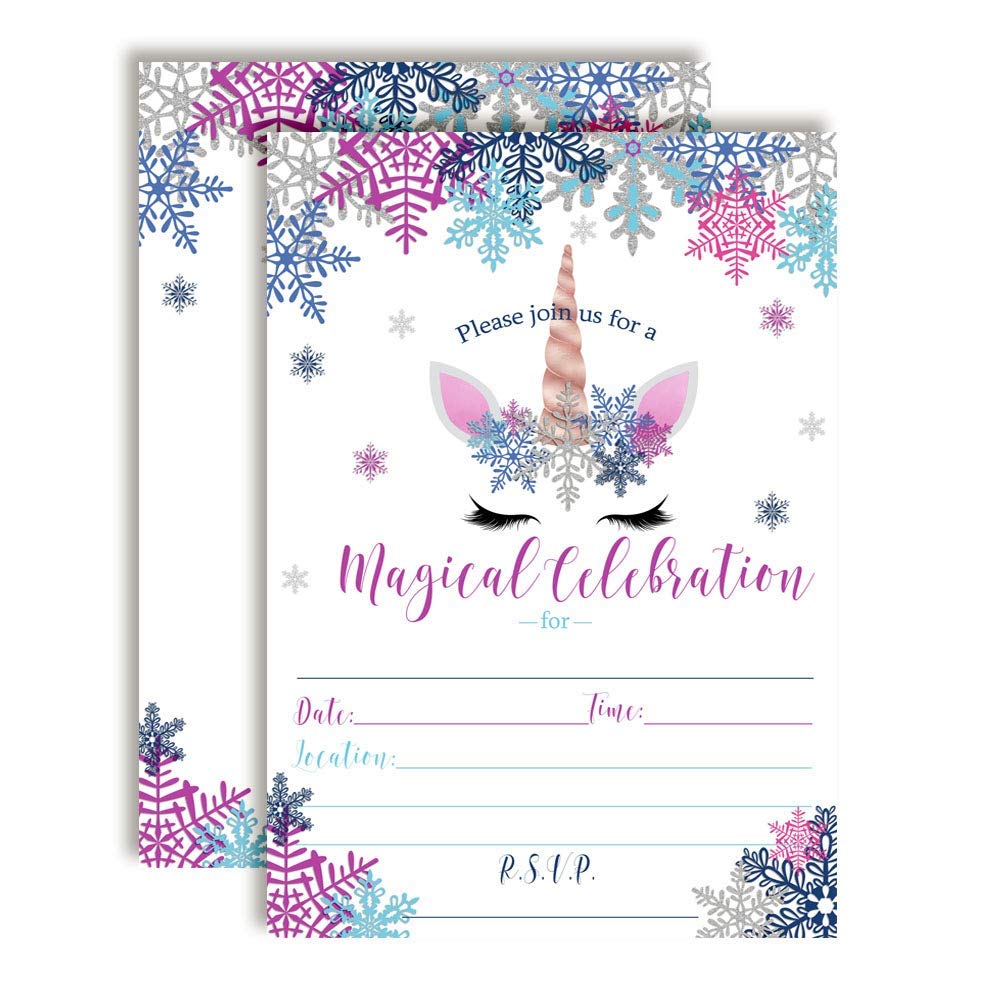 Unicorn Face with Snowflakes Birthday Party Invitations