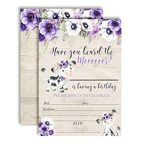 Watercolor Floral Cow Birthday Party Invitations