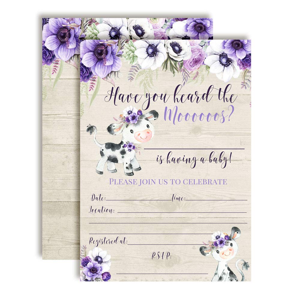 Watercolor Floral Cow Baby Shower Invitations
