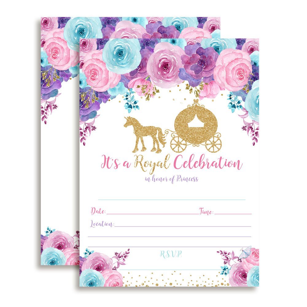 Floral Gold Glitter Princess Carriage Birthday Party Invitation