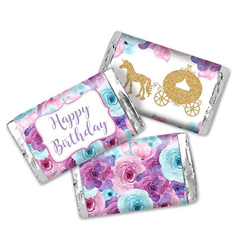 Watercolor Floral Gold Glitter Princess Carriage Themed Mini Chocolate Candy Bar Sticker Wrappers for Kids