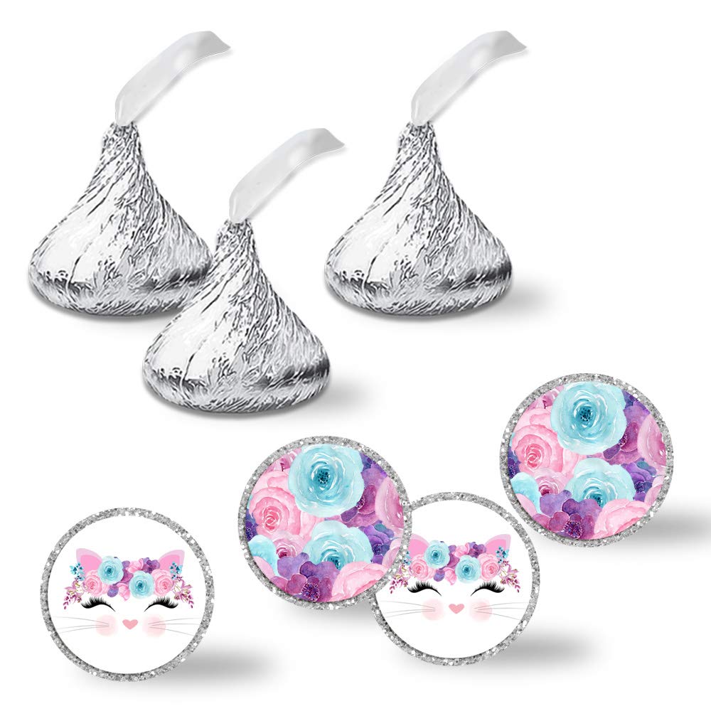 Watercolor Floral Kitty Cat Face Birthday Party Kiss Stickers