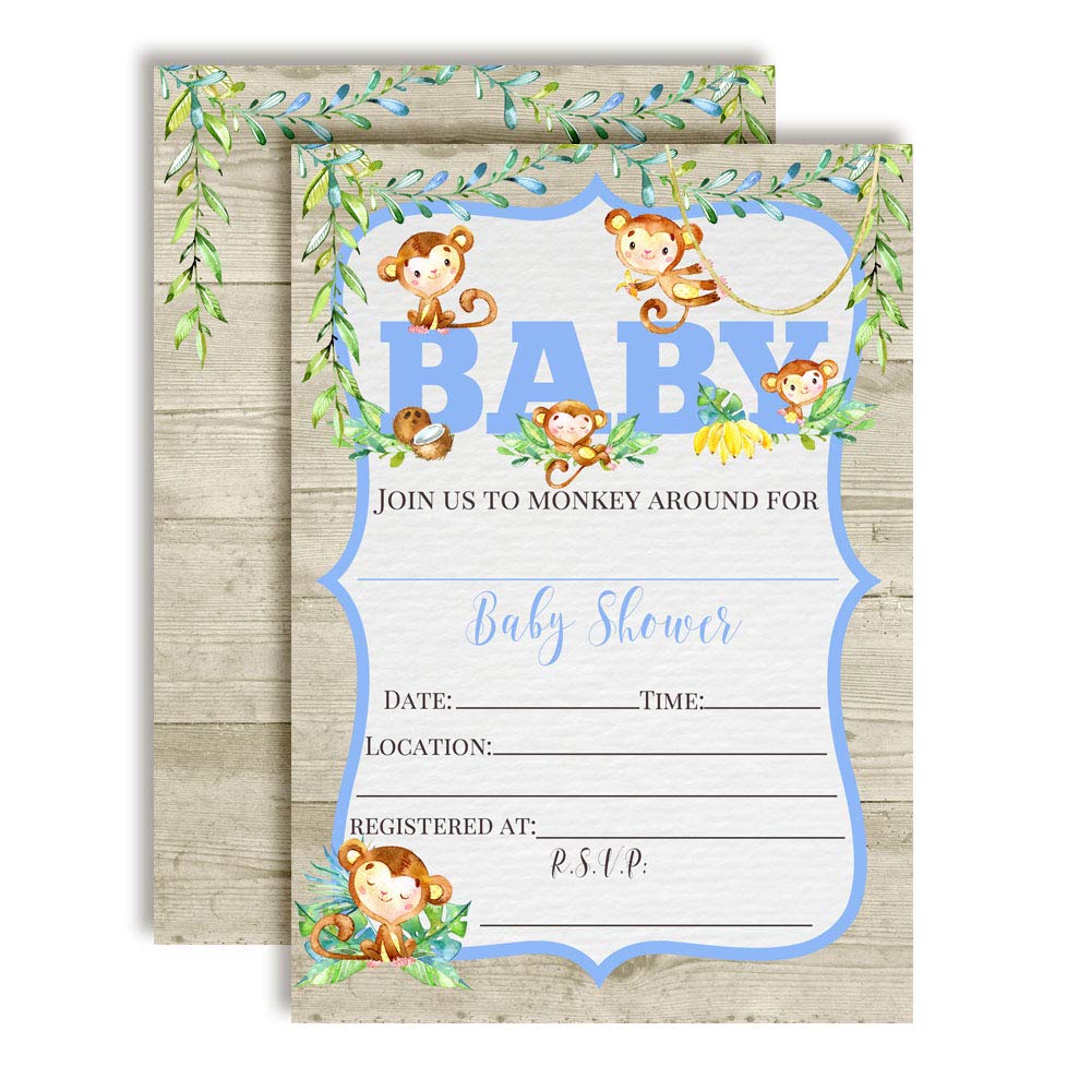 Watercolor Jungle Monkeys Baby Shower Invitations (Boy)