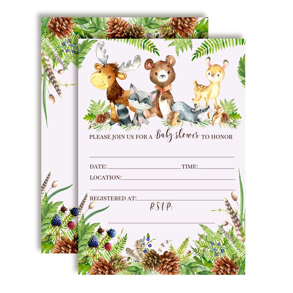 Watercolor Woodland Forest Animals Baby Shower Invitations