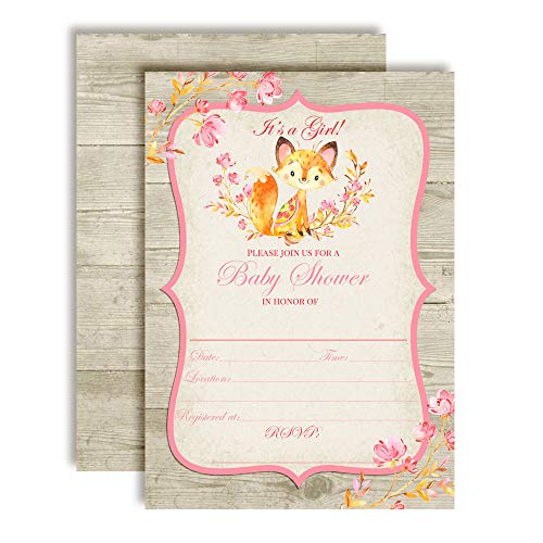 Watercolor Woodland Fox Baby Shower Invitations (Girl)