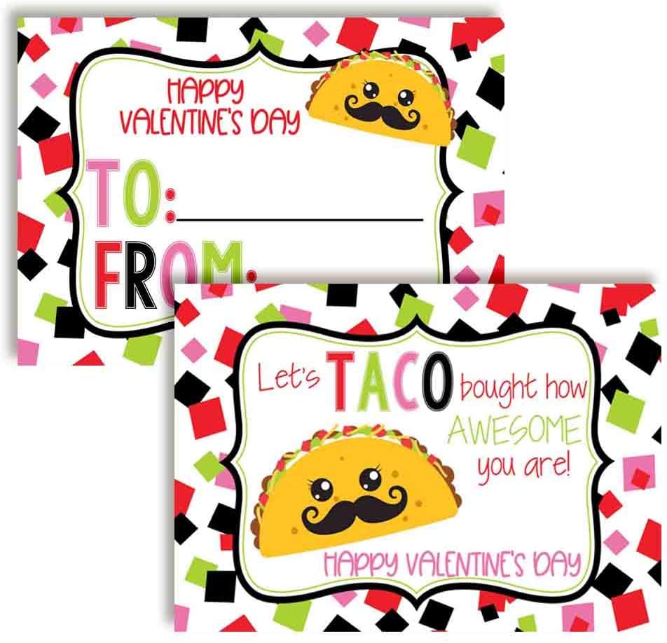 Taco valentine with confetti background and taco with a mustache