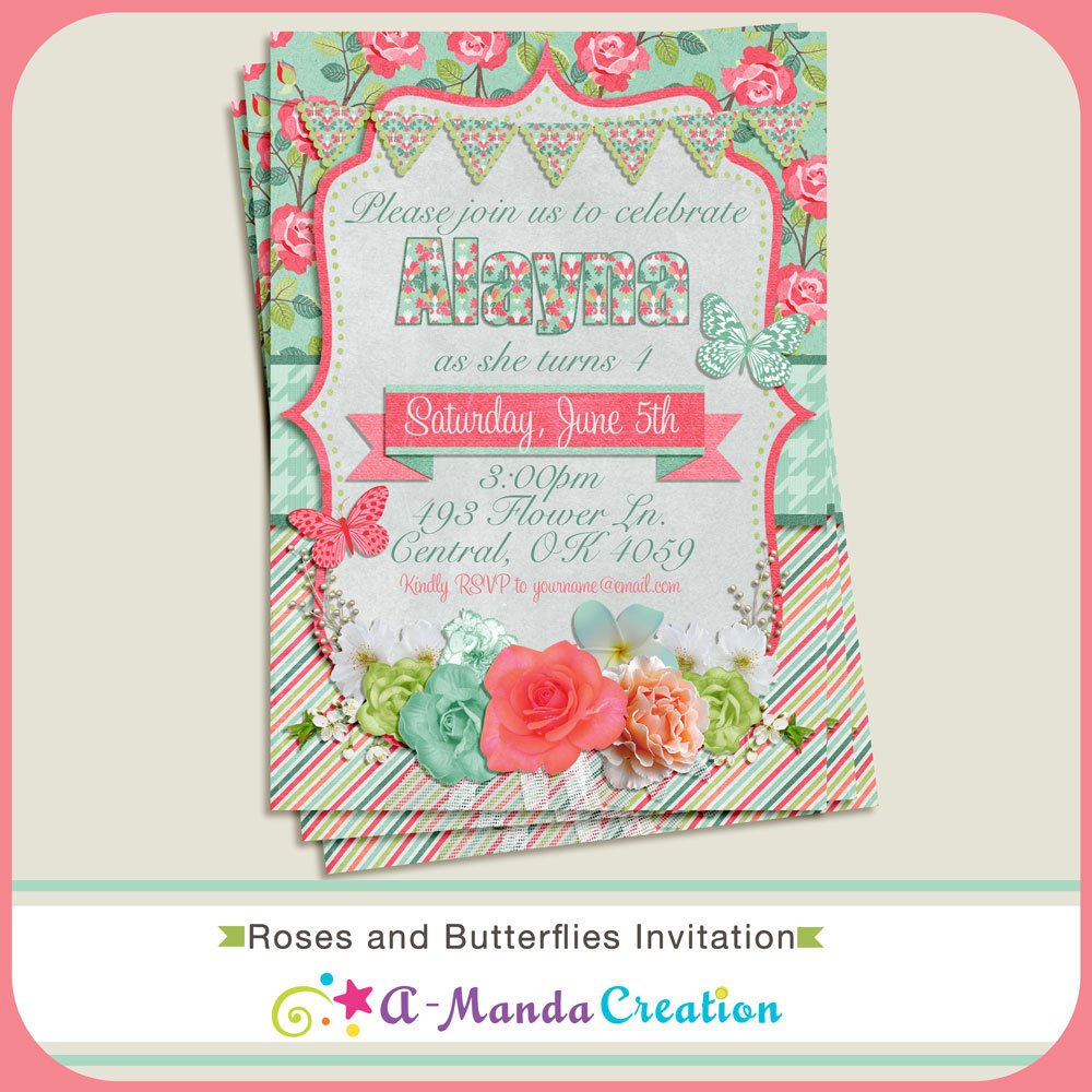 Roses and Butterflies Birthday Party Invitation