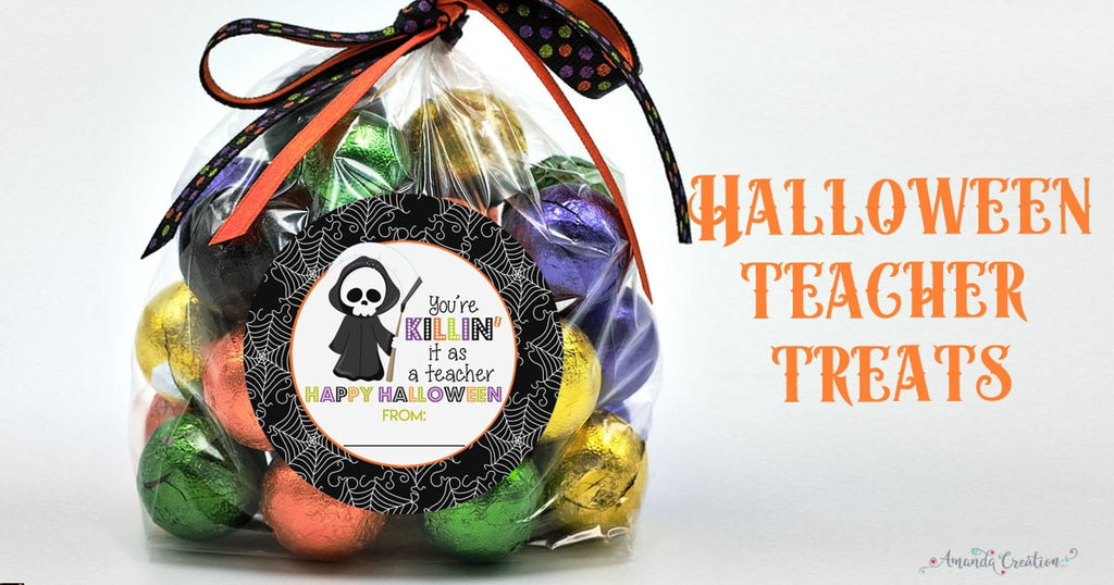 Halloween gifts for teachers including a bag of candy with sticker on the front