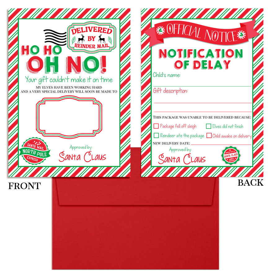 delayed christmas gift letter from santa red and green candy cane stripe with red envelope