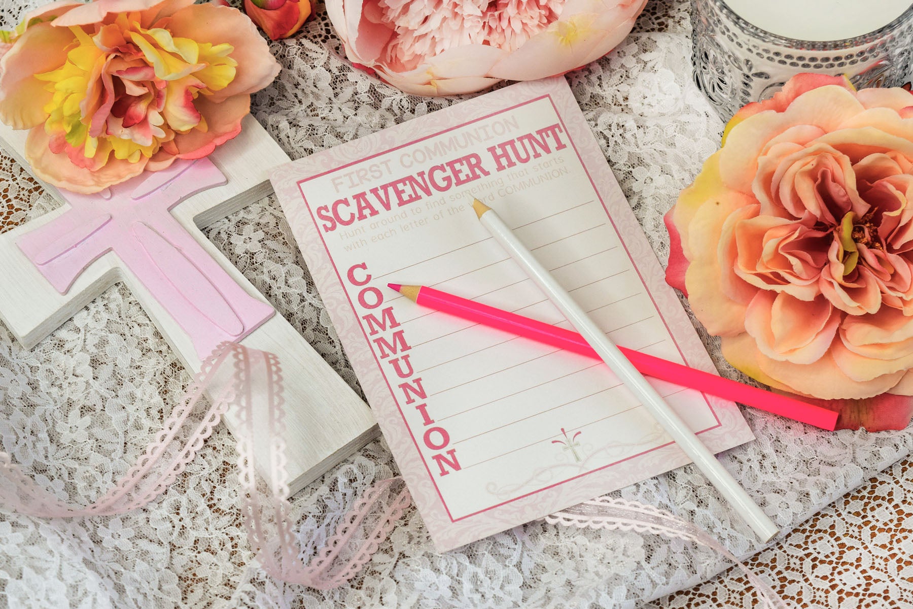 Pink First Holy Communion Scavenger Hunt & Word Scramble Game Cards ...