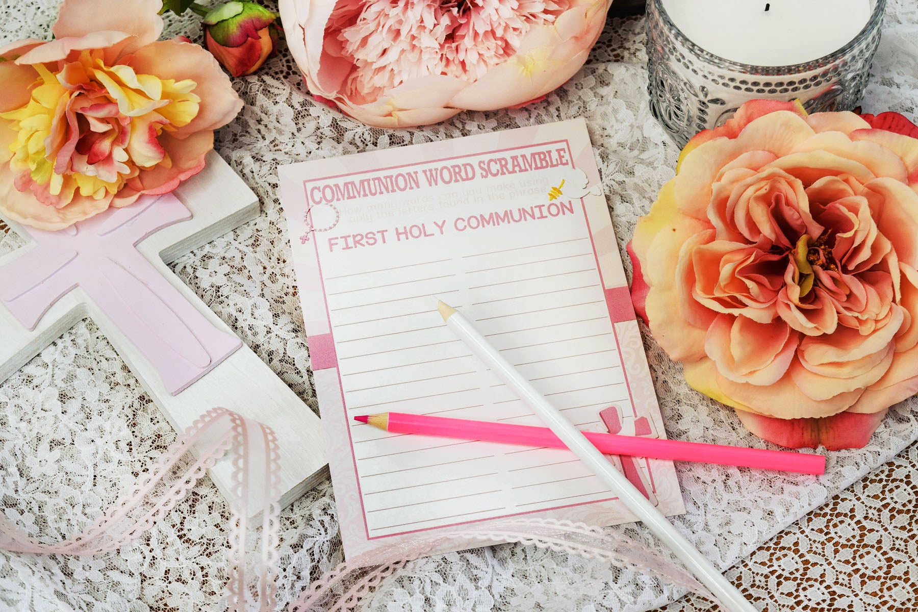 Pink First Holy Communion Scavenger Hunt & Word Scramble Game Cards ...