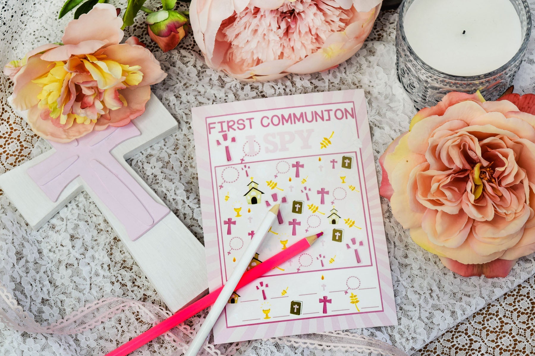 Pink First Holy Communion Word Search & I Spy Game Cards – Amanda Creation