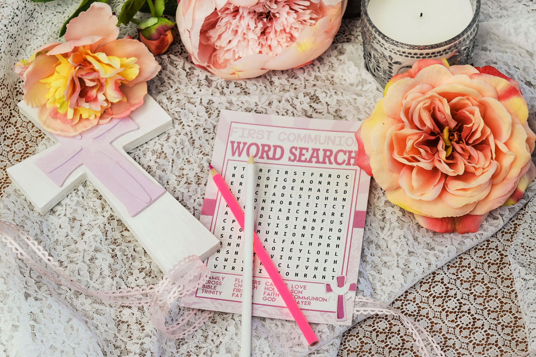 Pink First Holy Communion Word Search & I Spy Game Cards – Amanda Creation