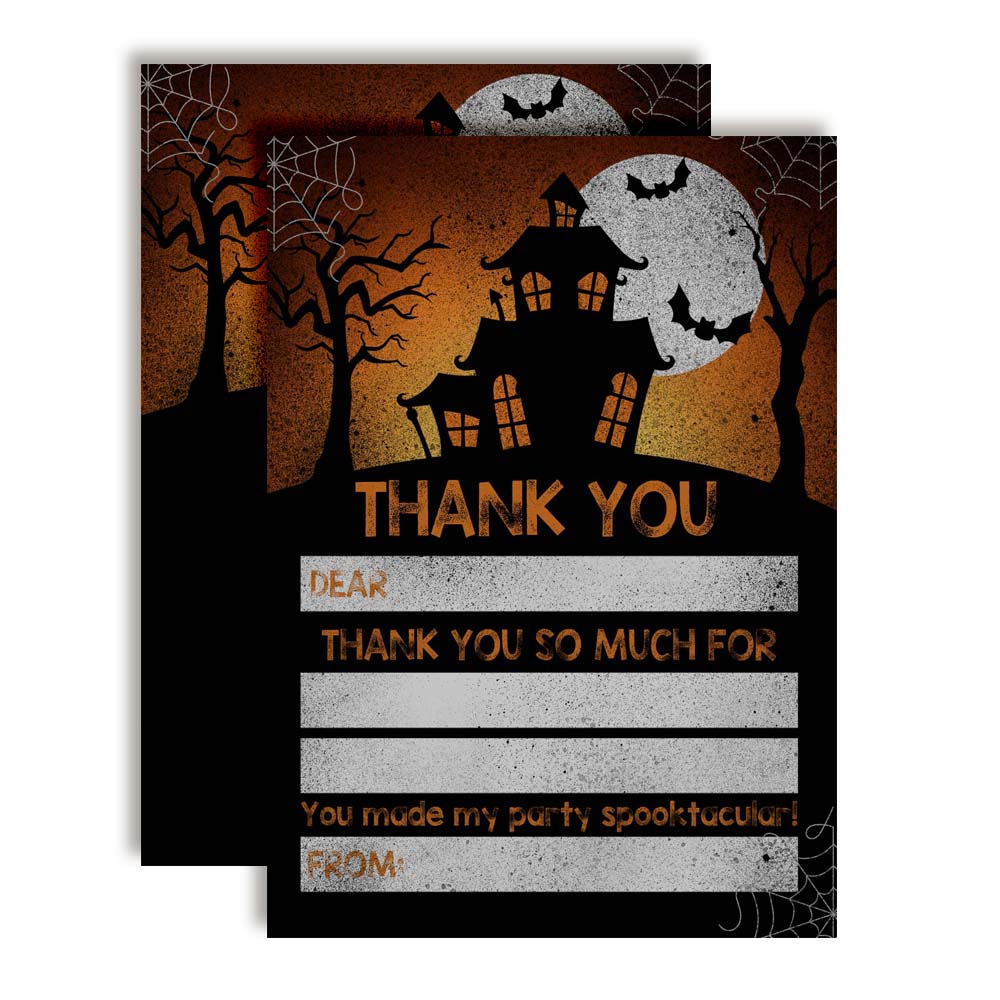 Halloween thank you cards with orange and yeloow background behind haunted house with bats