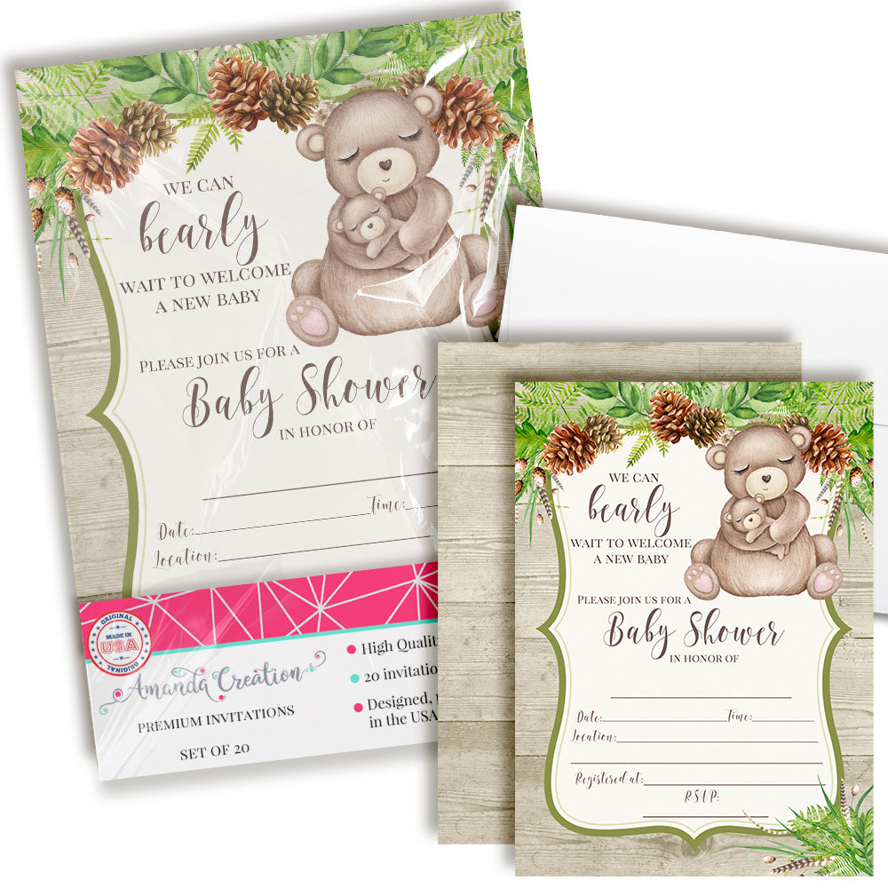 Woodland Mom \u0026 Baby Bear Baby Shower Invitations, image size:1000x1000