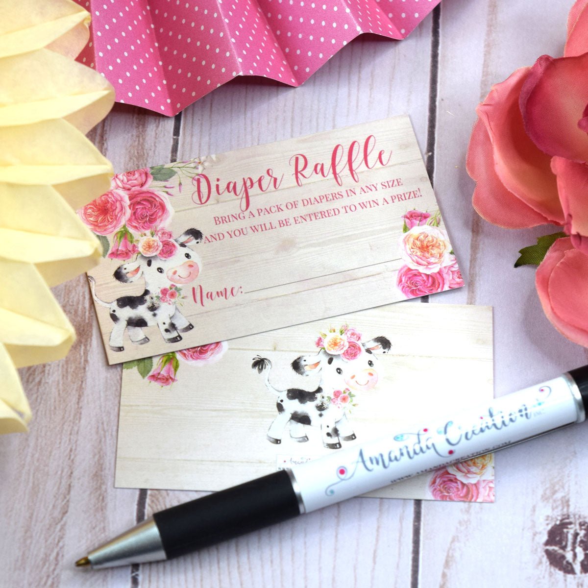Dancing Cow Raffle Pink Floral Cow Diaper Raffle Tickets – Amanda Creation