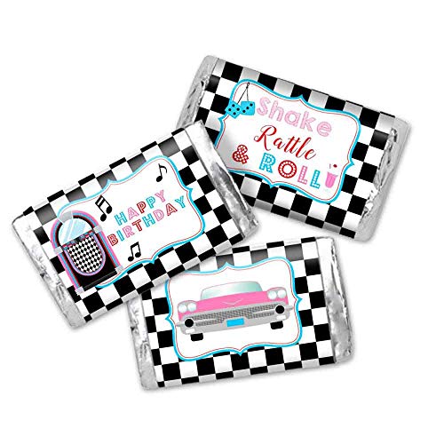 50Ã¢‚¬„¢s Sock Hop Birthday Party Mini Chocolate Candy Bar Sticker Wrappers