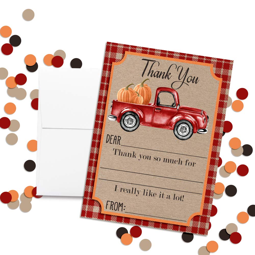 Red Truck with Pumpkins Birthday Thank You Cards