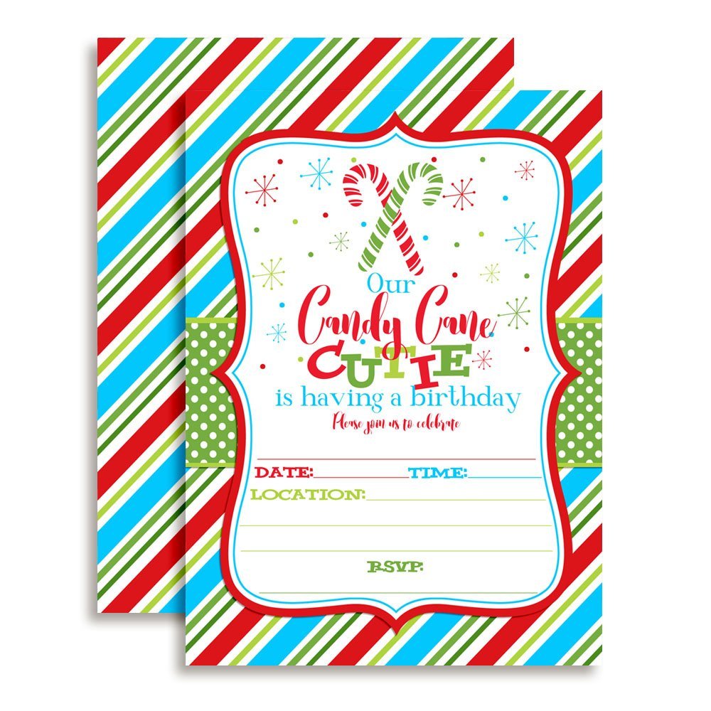 Candy Cane Cutie Christmas Birthday Party Invitations
