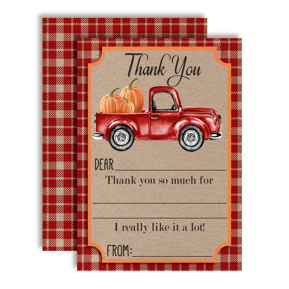 Red Truck with Pumpkins Birthday Thank You Cards