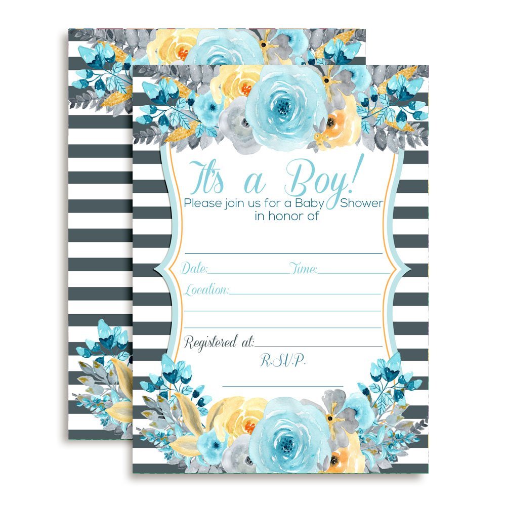 Blue, Gray & Gold Floral Baby Shower Invitations (Boy)