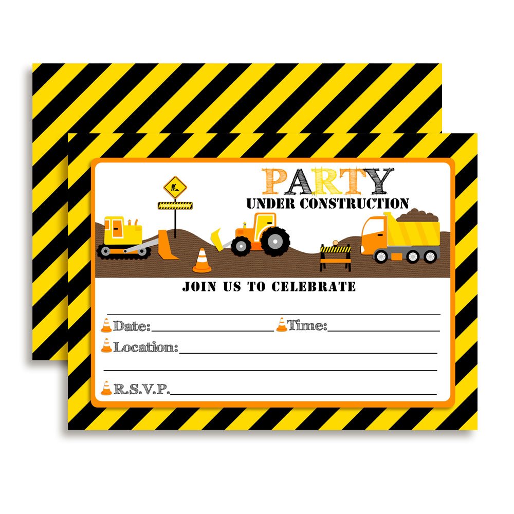 Party Under Construction - Digger, Dump Truck Birthday Party Invitations