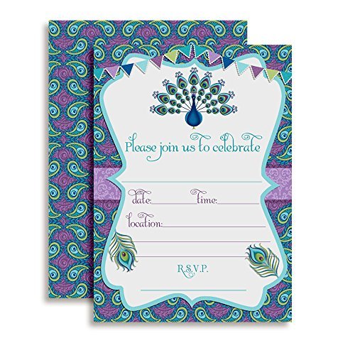 Purple & Blue Peacock Birthday Party Invitations