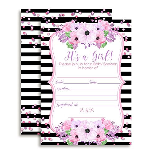 Pink & Purple Floral with Black Stripes Baby Shower Invitations