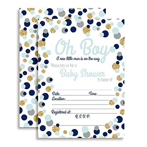 Blue & Gold Baby Shower Invitations Polka Dot (Boy)