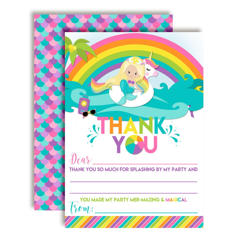 Blonde Mermaid Unicorn Pool Party Thank You Cards