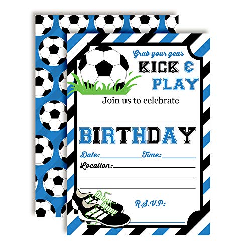 Blue & Black Kick and Play Soccer Themed Birthday Party Invitations for Boys