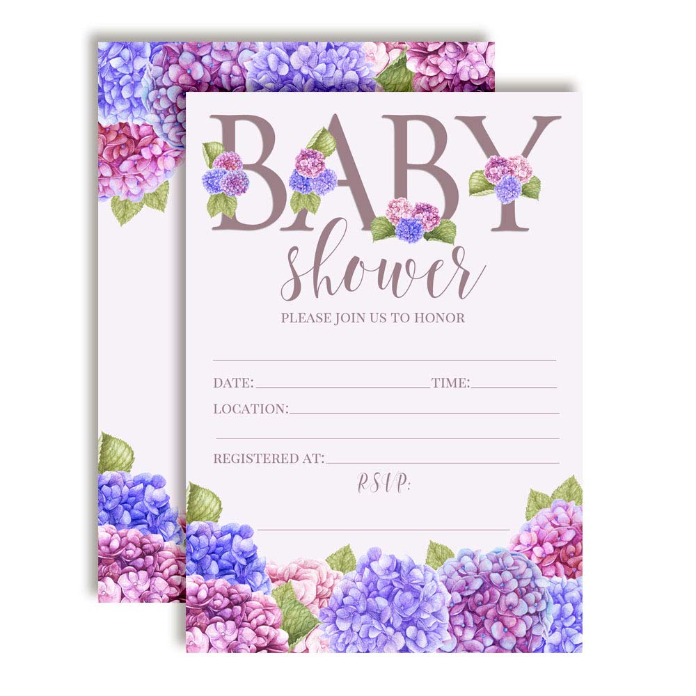 Blue & Purple Hydrangea Watercolor Floral Baby Shower Invitations