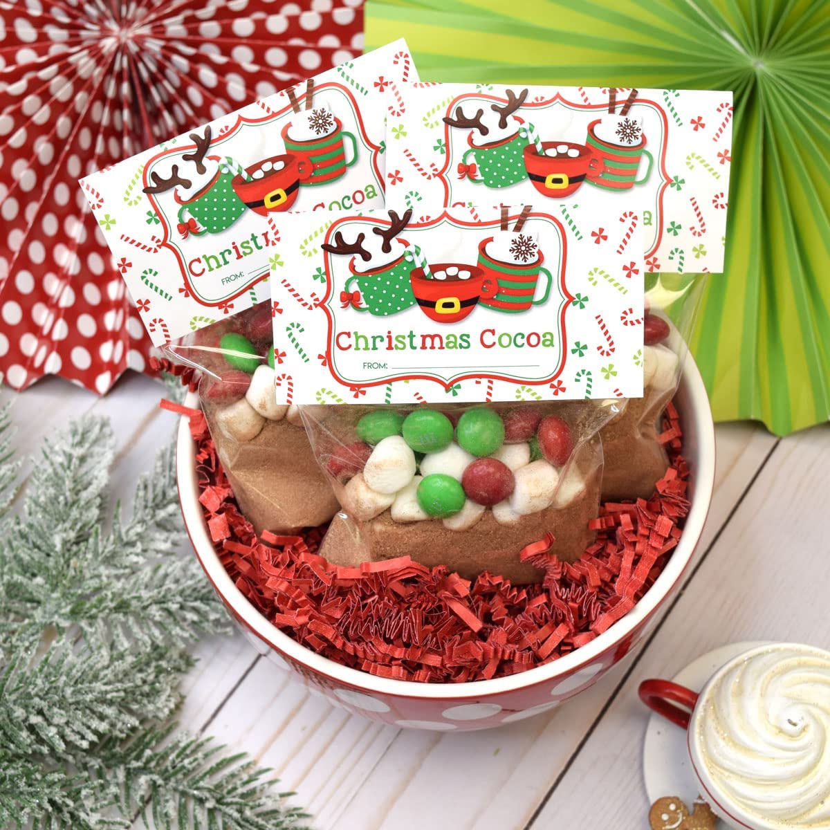Christmas Cocoa Hot Chocolate Bag Toppers for Party Favor Treat Bags, Set  of 20 Bag Toppers With 20 Self-Adhesive Bags Also Included! by