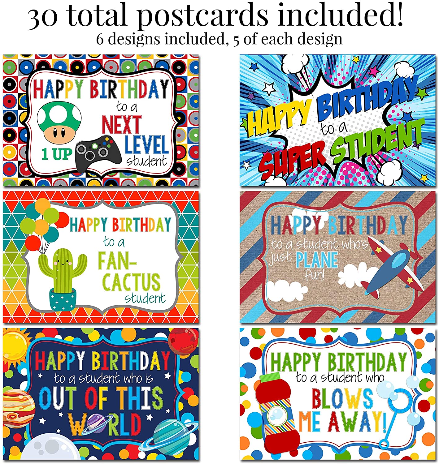 Bright & Bold Happy Birthday Postcards for Students