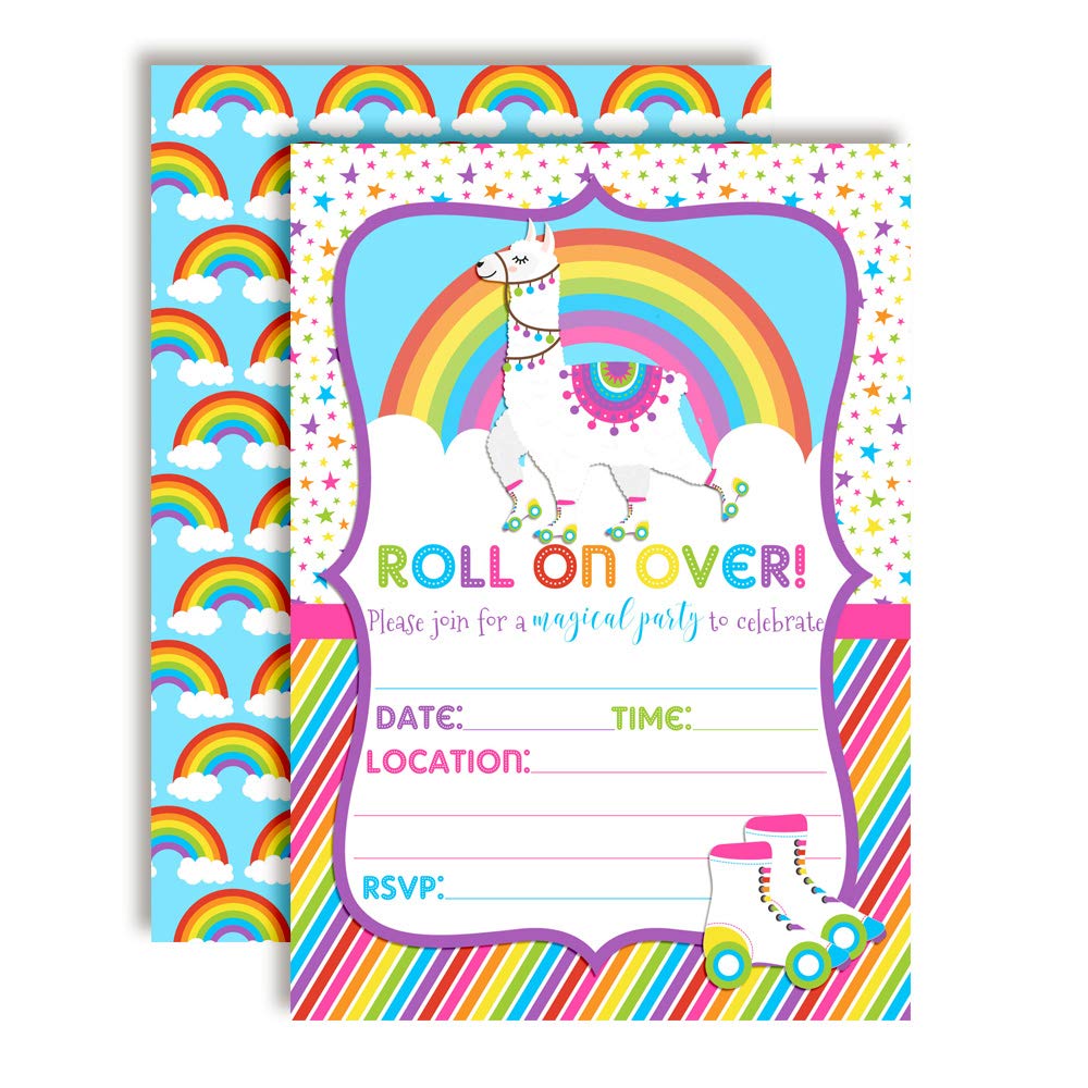 Llama Rainbow Roller Skating Birthday Party Invitations