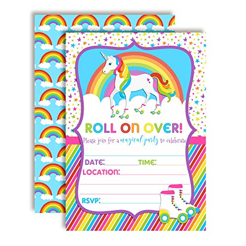 Colorful Unicorn Rainbow Roller Skating Birthday Party Invitations